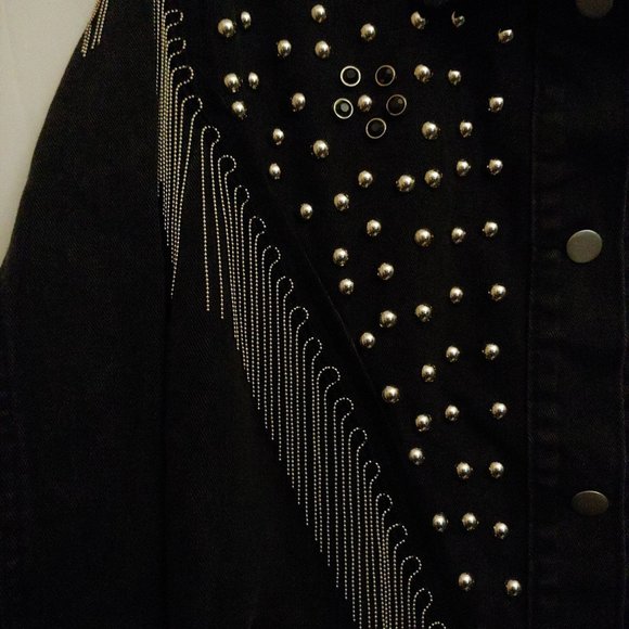 Denim Jacket Fully Studded Chain Fringe Mrs Easterling Black pockets Button down - Picture 4 of 16